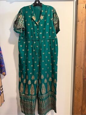 Sari Inspired Green Jumpsuit with Gold Motif